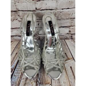 Nina Woman’s Platform Sandals Silver Glitter Fonda Sparkle Stiletto Size 8.5